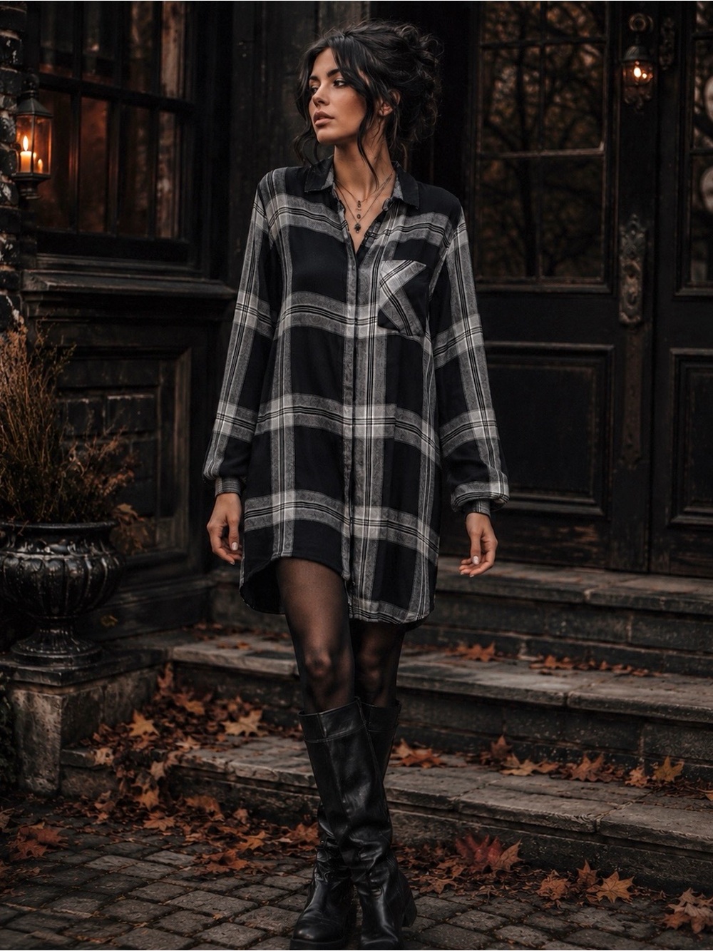 Rails Sawyer Shirt Dress Black Plaid MediumLong Sleeve Dark Academia Fall Chic